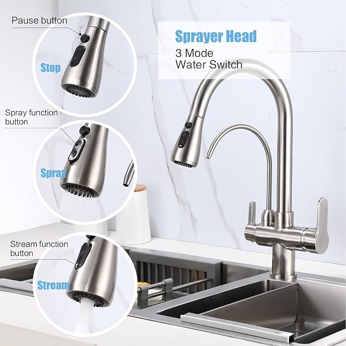 HUAHUALALA Kitchen Sink Faucet with Pull Down Sprayer 2 Handle 3 in 1 Water Filter Purifier Faucets, Brass Drinking Water Faucet Reverse Osmosis Brushed Nickel