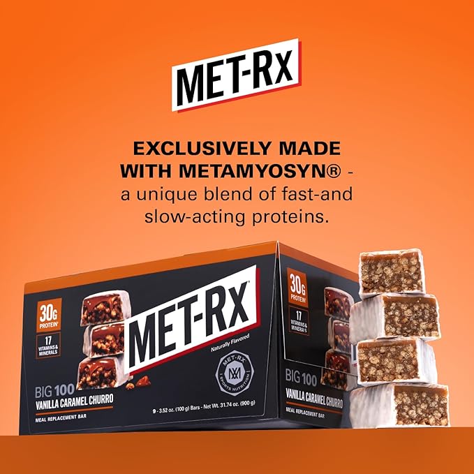 MET-Rx Big 100 Colossal Protein Bars, Vanilla Caramel Churro Meal Replacement Bars, Brown, 9 Count