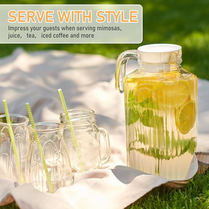 Gejoy 4 Pieces 60 oz Glass Pitcher with Lid Fridge Juice Glass Water Pitcher Beverage Drink Containers Jug for Fridge Iced Tea Lemonade Milk Cocktails Cold