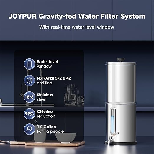 1G Gravity-fed Water Filter System - NSF/ANSI 42&372 Certified 18/8 Stainless Steel Countertop Water Filtration System - Water Level Window, Reduce 99.9% of Chlorine, for Camping, RVs