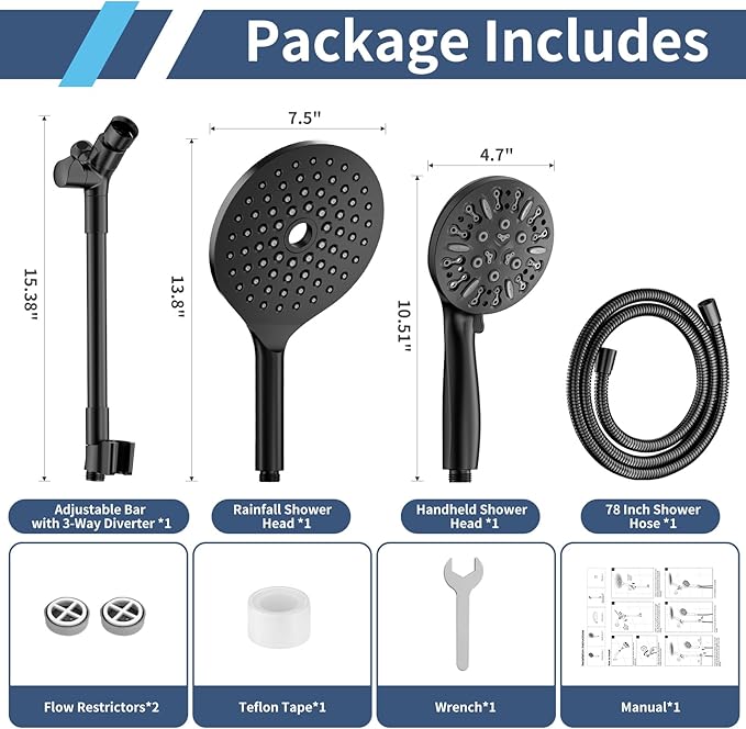 KAIYING Dual Shower Heads with Handheld Spray Combo, High Pressure Modern Rain Shower Head with 9-Mode Handheld Showerhead, Double Rainfall Shower Head with 79-Inch Stainless Steel Hose (Matte Black)