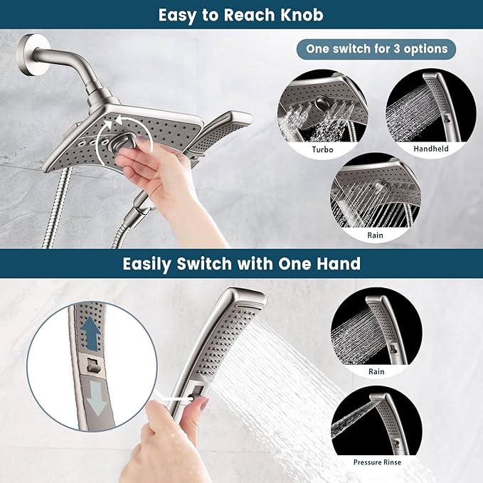 BRIGHT SHOWERS High Pressure Brushed Nickel Shower Heads Combo with Two Spray Setting Fixed Shower Head and Two Spray Settings Handheld Shower Head with Grey Face
