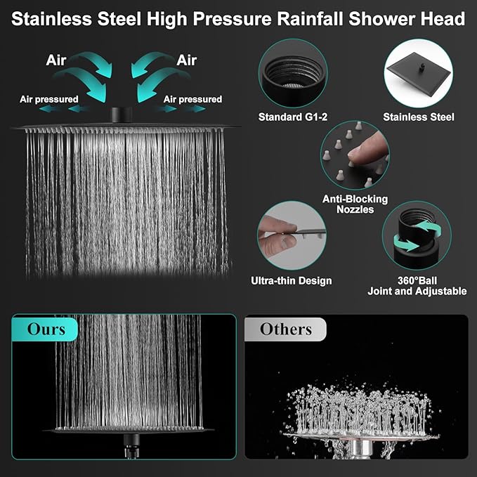 All Metal 10 Inch Rain Shower Head with Handheld Spray Combo, High Pressure Waterfall Rainfall Square Shower Heads with 16" Adjustable Extension Arm, Dual Showerhead with 3-Way Diverter, Matte Black