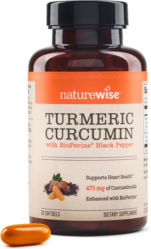 NatureWise Turmeric Curcumin 500mg with Black Pepper Softgels - Extra Strength, Enhanced Absorption - 95% Curcuminoids & BioPerine for Immune Support - Gluten-Free, Non-GMO - 30 Count[1-Month Supply]