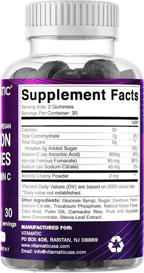 Vitamatic Iron 65 mg Gummies Supplement for Women & Men - 60 Vegan Gummies - Great Tasting Iron Gummy Vitamins with Vitamin C (1)