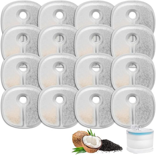 16 Packs Cat Water Fountain Filter Replacements Compatible with E1/E1+ Cat Fountain (2L/67oz), Triple Filtration System Pet Water Dispenser Filter