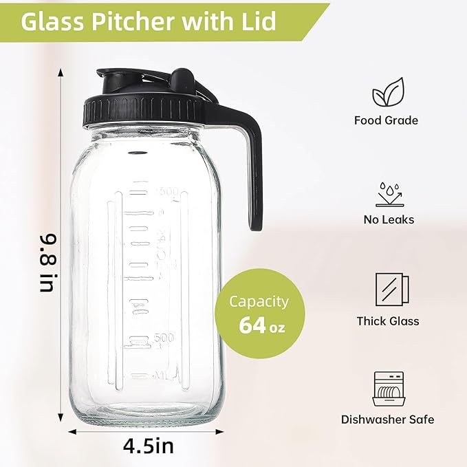 2 Quart Glass Pitcher with Lid for Fridge, Cold Brew Coffee Maker 64 oz, 2 Pack Airtight Leakproof Iced Tea Pitcher with Stainless Steel Filter, New Years Gifts for Friends (Black & Gray)