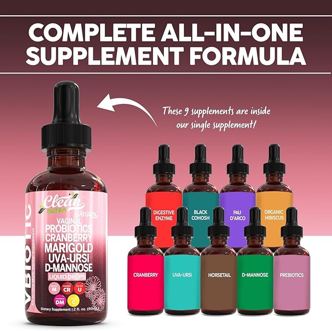 VBiotic Vaginal Probiotic for Women Liquid Drops | Womens Probiotics | Cranberry Uva Ursi Horsetail D-Mannose Prebiotics Marigold & Black Cohosh Vaginal Health Supplement | pH Balance | By Clean Nutra