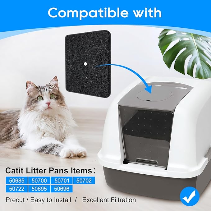 6 Pack Cat Litter Box Replacement Carbon Filters Compatible with Catit Hooded Litter Box, Pre-Cut Activated Charcoal Air Purifier for Cat Litter Pan
