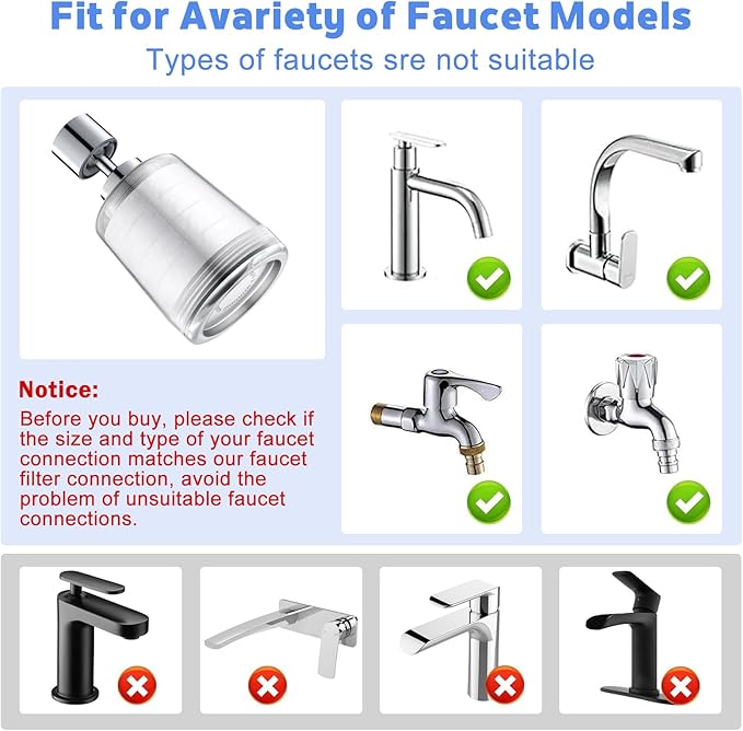 3 Pack Sink Water Filter Faucet, Universal 360 ° Rotating Kitchen Faucet Water Purifier, Bathroom Faucet Filter Removes Chlorine Fluoride Hard Water for Home Kitchen (B-8 Pcs)
