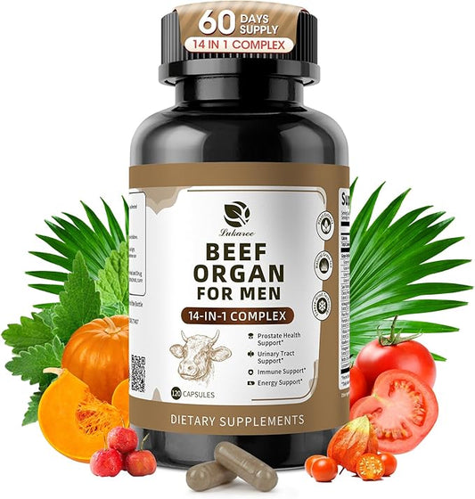 Beef Organ Supplement for Men, 14-in-1 Complex - Beef Liver, Kidney, Heart, Saw Palmetto, Chanca Piedra, Supports Prostate Health, Overall Wellness - Grass Fed & Pasture Raised - 120 Capsules