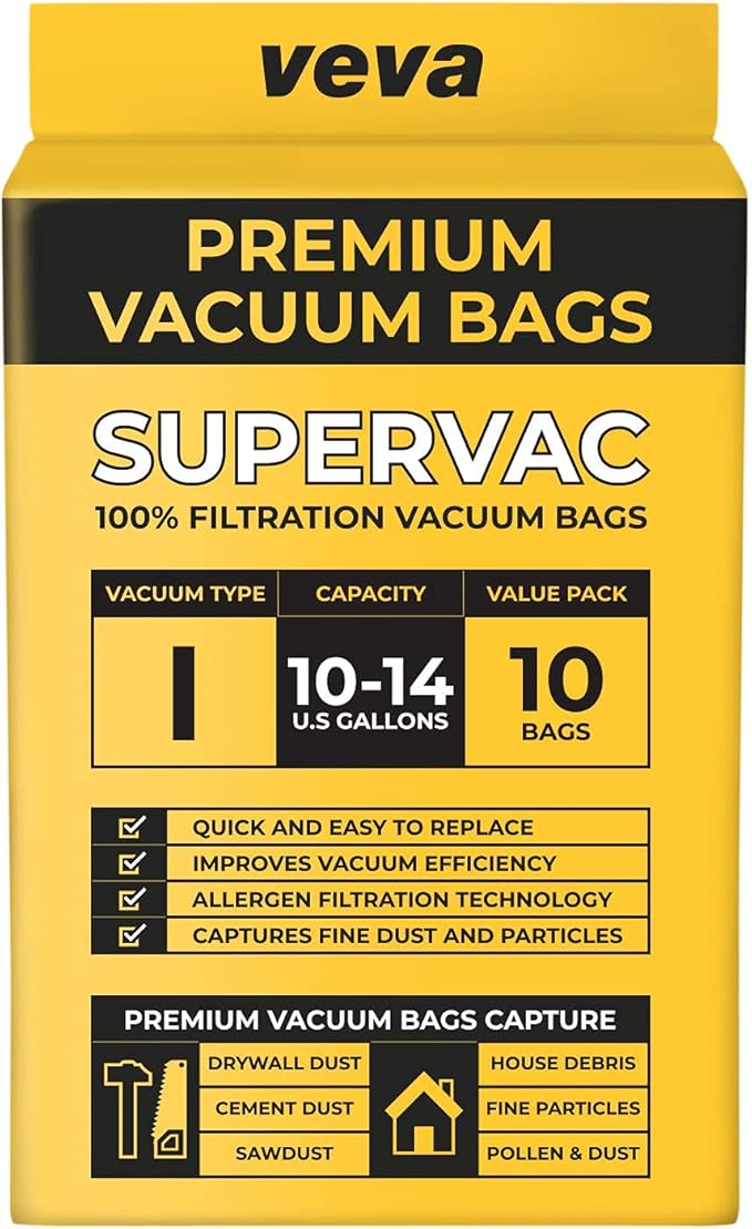 10 Pack, 10-14 Gallon Filter Bags for Shop Vac Vacuum - Type I 90672 - High-Efficiency Vacuum Bags