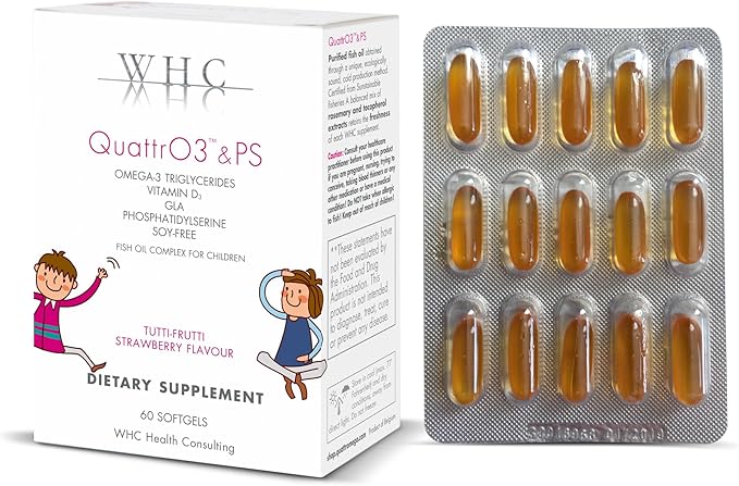 WHC, QuattrO3 & PS, Fish Oil Complex for Children, Omega-3 Triglycerides, Vitamin D3, GLA, Phosphatidylserine, Soy Free, Tutti-Frutti Strawberry Flavor, 60 Softgels