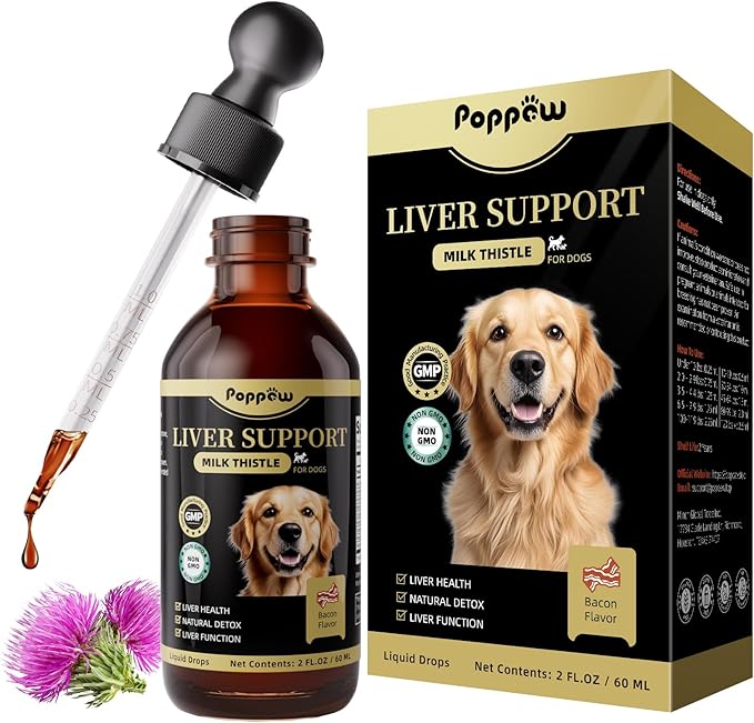 Milk Thistle for Dogs – 9-in-1 Liver and Kidney Support Drops with Artichoke, Resveratrol, Marigold Extract, 100% Natural Detox Supplement for Liver Function, Split Dropper, Bacon Flavor, 2Oz
