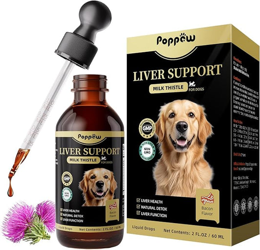Milk Thistle for Dogs – 9-in-1 Liver and Kidney Support Drops with Artichoke, Resveratrol, Marigold Extract, 100% Natural Detox Supplement for Liver Function, Split Dropper, Bacon Flavor, 2Oz