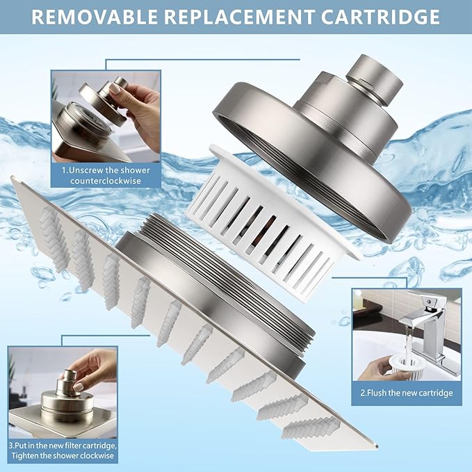 High Pressure Rain Shower Head with Filtered - 8" All Metal Square Showerhead Filter for Remove Chlorine and Harmful Substances, Brushed Nickel