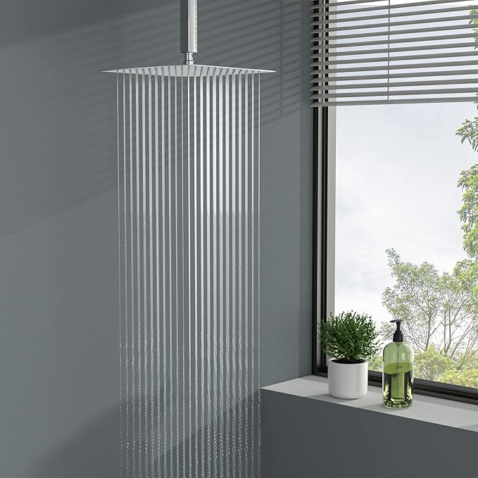 Lordear 12 Inch Square Shower Head Polish Chrome Solid Ultra Thin 304 Stainless Steel Rain Setting Shower Heads,Waterfall Full Body Coverage with 144 Silicone Nozzles