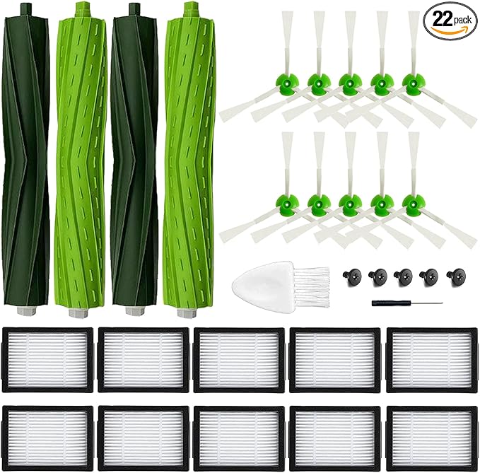22 Pack Replacement Parts for iRobot Roomba i7 i7+ i3 i3+ i4 J7J7+/Plus i6 i6+ i5+j5+ i8 +/Plus E5 E6 E7 I & E & J Series Vacuum Cleaner, 2 Set of Roller Brush & 10 Filters & 10 Side Brushes