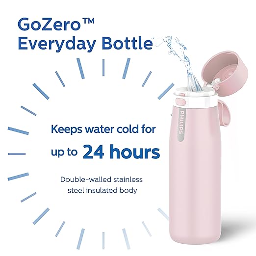 PHILIPS Water Bottle with Filter, Filter Water Bottle Stainless Steel with GoZero Everyday BPA-Free Tap Water Filter, Water Filter Bottle Keep Drink Cold 24 Hours, 1 Filter for 40 gal / 2 Months