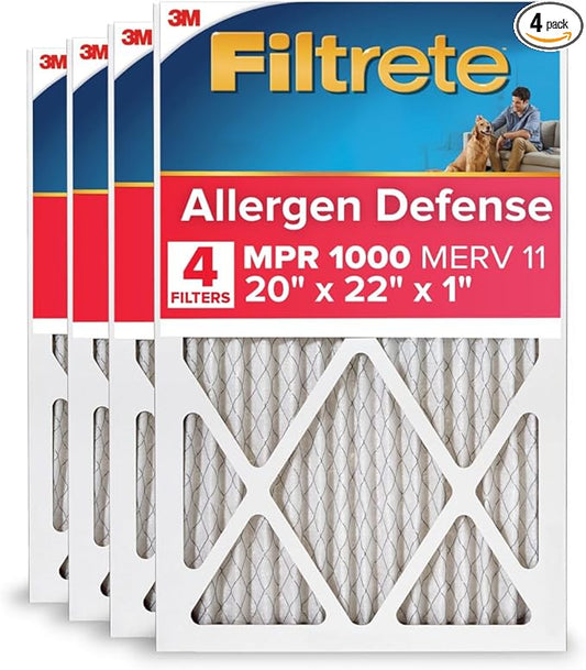 Filtrete 20x22x1 AC Furnace Air Filter, MERV 11, MPR 1000, Micro Allergen Defense, 3-Month Pleated 1-Inch Electrostatic Air Cleaning Filter, 4 Pack (Actual Size 19.81 x 21.81 x 0.81 in)