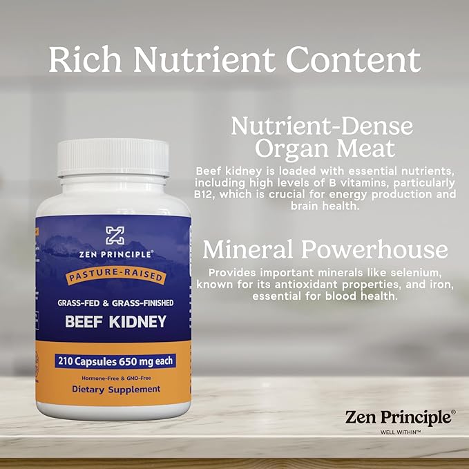 Zen Principle Grass Fed Beef Kidney Supplement, 210 Capsules, 3000 mg. DAO Enzyme for Histamine Health. Selenium and B12 for Thyroid Support.
