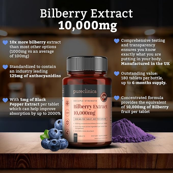 Bilberry Extract 10,000mg x 360 Tablets (2 Bottles) - 10 X More Anthocyanidins per Tablet Than Most Others - and 5mg Black Pepper Extract for 300% Increased Absorption