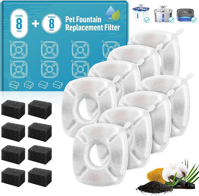 16 Pcs Cat Water Fountain Filter, Replacement Filters & Sponges for Pet Water Fountain, 8 Filters + 8 Sponges for Automatic Pet Fountain, Compatible with Veken 95oz, 67oz, 135oz Pet Dispensers