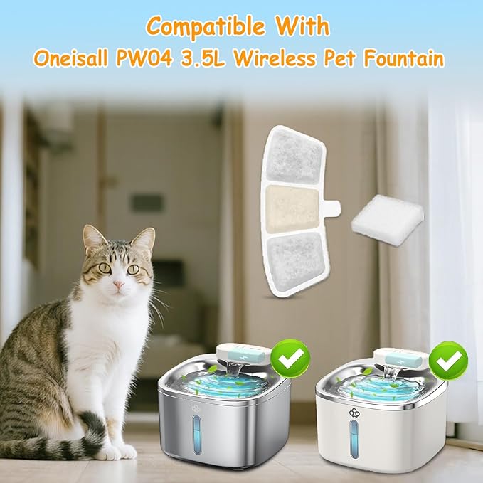 18 Pack PW04 3.5L Wireless Pet Fountain Filters for Hard Water, Reduces Limescale & Bad Taste, Compatible with Oneisall Cat Water Fountain Dispenser, Long Lasting Replacement Filter
