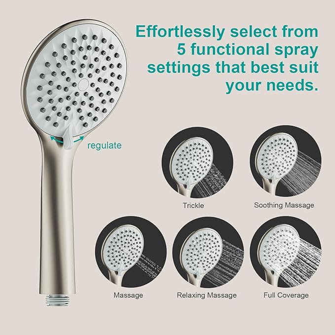 Shower Slide Bar Handheld Shower Head with Hose, 5-Function Hand Shower with Wall Mount，shower slide bar,adjustable height shower head (A-round, Brushed Nickel)