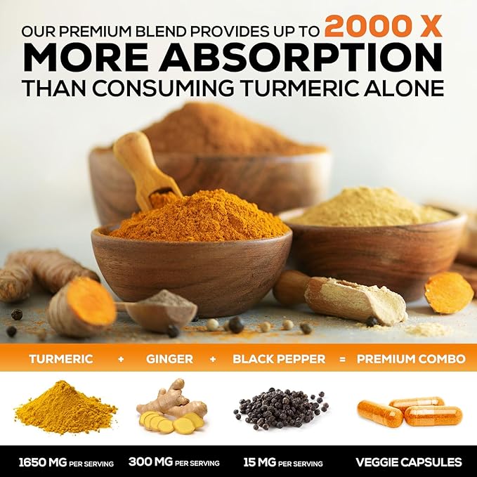 Turmeric Curcumin Supplement 1950mg - 95% Curcuminoids with Organic Turmeric & Ginger, BioPerine Black Pepper for Best Absorption, Nature's Vegan Joint Support, Non-GMO, Bottled in USA - 180 Capsules
