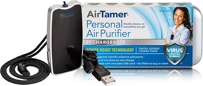 AirTamer A310 Rechargeable Personal Air Purifier, Proven Performance, Virus and Pollutant Tested*, Black with Metal Travel Case