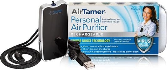 AirTamer A310 Rechargeable Personal Air Purifier, Proven Performance, Virus and Pollutant Tested*, Black with Metal Travel Case