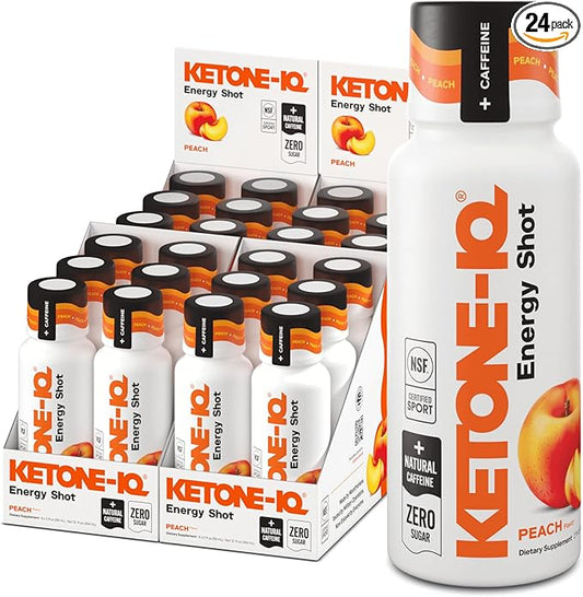 Exogenous Ketone Energy Shots with Caffeine - 24 Pack of Green Tea Caffeine Shots with 5g Bioidentical Ketones and B Vitamins - Fast Acting, On The Go Clean Energy Drink (Peach)