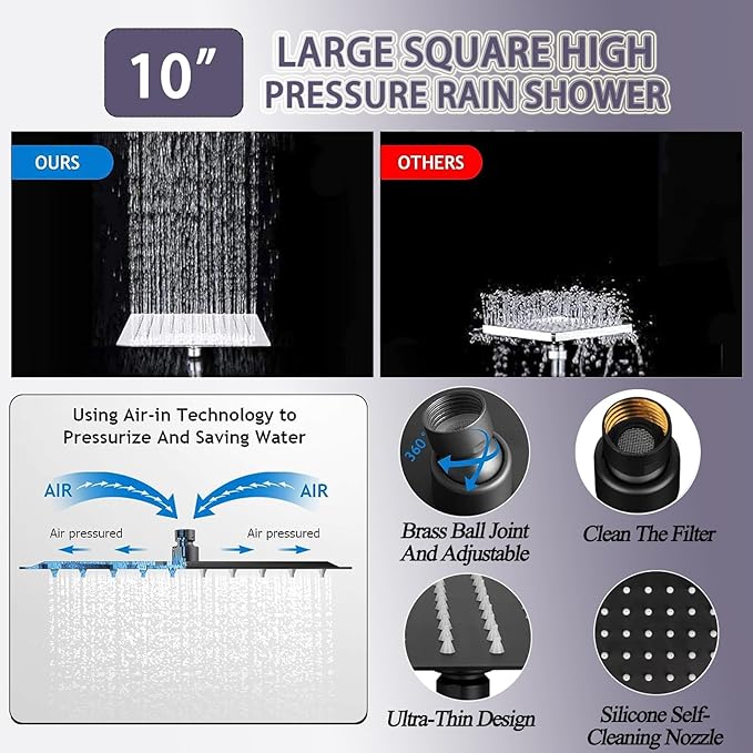 10" High Pressure Square Rainfall Shower Head and 2-in-1 Hand Shower,Rainfall Showerhead with 11" Shower Arm,Equipped with 78"Hose,Adhesive Shower Head Holder (Square Black Shower Head Set)