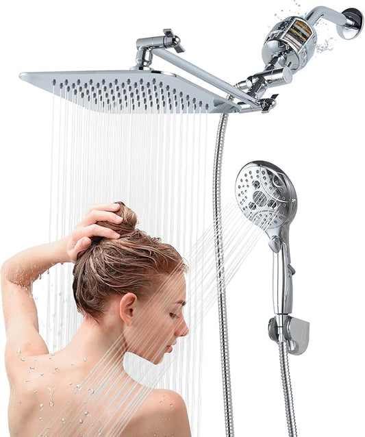 8'' Dual 20 Stage Filtered Shower Head with Handheld, 6 Spray Settings Handheld Shower Head High Pressure Rainfall Filter Combo with 12'' Adjustable Extension Arm, 71'' Shower Hose (Chrome Polished)