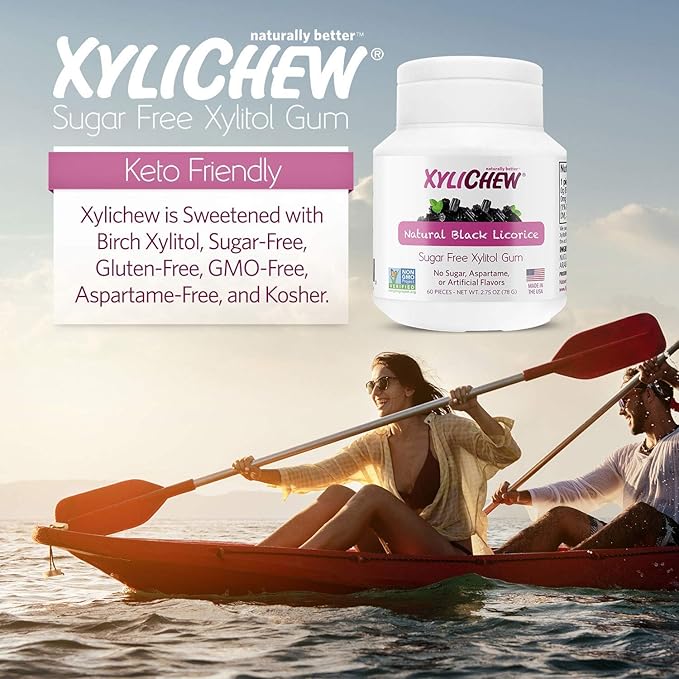 Xylichew 100% Xylitol Chewing Gum Jars - Non GMO, Gluten, Aspartame, and Sugar Free Gum - Natural Oral Care, Relieves Bad Breath and Dry Mouth - Licorice, 60 Count (Pack of 4)