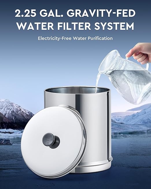 CO-Z Gravity Fed Water Filter System, Stainless Steel Gravity Water Purifier with 2 Carbon Filters, 2.25 Gal Countertop Water Filtration System, Chamber Stand & Water Spigot, NSF/ANSI 42 Certification