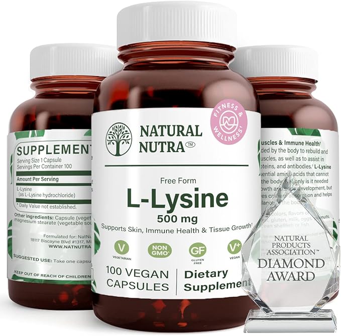 Natural Nutra L Lysine HCl, Promotes Bone Health and Growth, Support Skin Health, Improve Vitamin C Absorption, Helps Built Collagen, Improve Calcium Absorption, Non-GMO, Vegan, 500 mg, 100 Capsules.