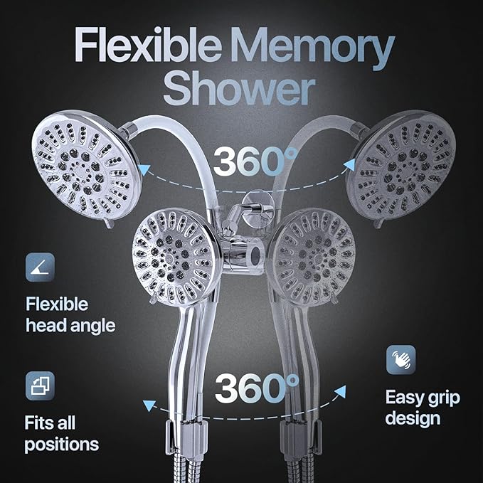 AQUAZEN® Dual Shower Head Combo | Adjustable Rainfall + Handheld Shower | 6 Spray Modes Each | Flexible Mount & Swivel Heads | 5ft Stainless Steel Hose | Premium Chrome Finish | Fits All US Showers