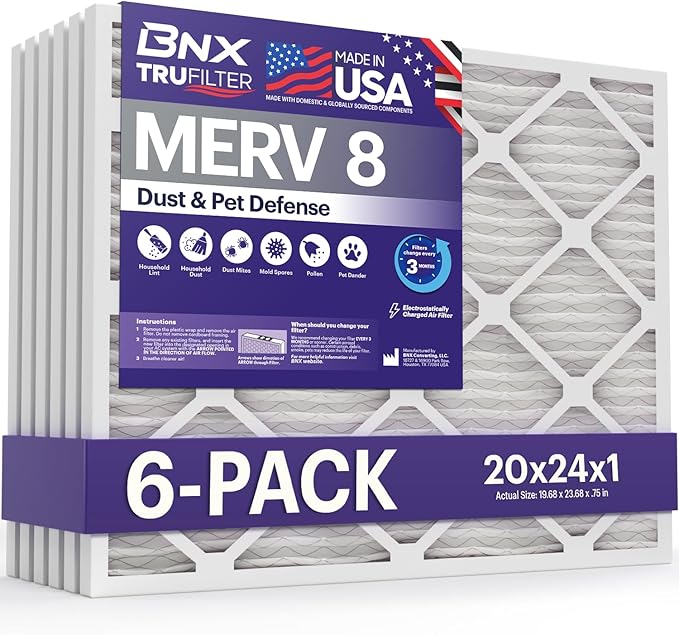 BNX TruFilter 20x24x1 Air Filter MERV 8 (6-Pack) - MADE IN USA – Dust & Pet Defense Electrostatic Pleated Air Conditioner HVAC AC Furnace Filters for Dust, Pet, Mold, Pollen MPR 600 – 700 & FPR 5