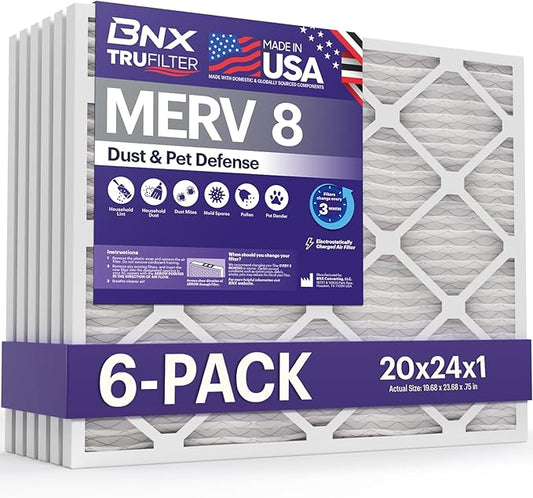 BNX TruFilter 20x24x1 Air Filter MERV 8 (6-Pack) - MADE IN USA – Dust & Pet Defense Electrostatic Pleated Air Conditioner HVAC AC Furnace Filters for Dust, Pet, Mold, Pollen MPR 600 – 700 & FPR 5
