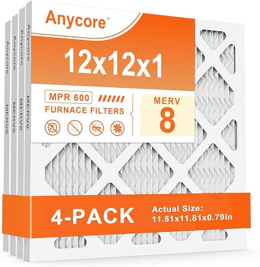 12x12x1 Furnace Air Filter MERV 8 MPR 600 FPR 5 HVAC Pleated Filters for Home Office 4-Pack (Actual Size: 11.81x11.81x0.79 inch)