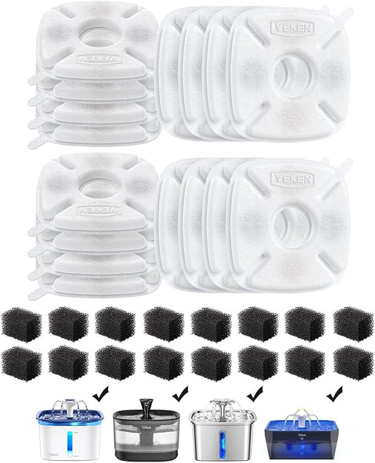 Veken Cat Water Fountain Filter, Classic 16 Pack Replacement Filters & 16 Pack Replacement Pre-Filter Sponges for 50oz, 84oz, 95oz Automatic Pet Fountain Dog Water Dispenser