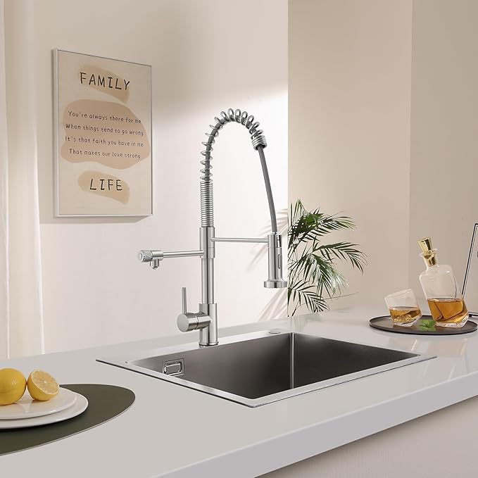 MENATT 3 in 1 Kitchen Faucet with Drinking Water Faucet, Pull Down Spring Single Handle 3 Way Kitchen Faucet Chrome, Water Filter Faucet for Kitchen Sink Bar (Without Water Filtration Device)