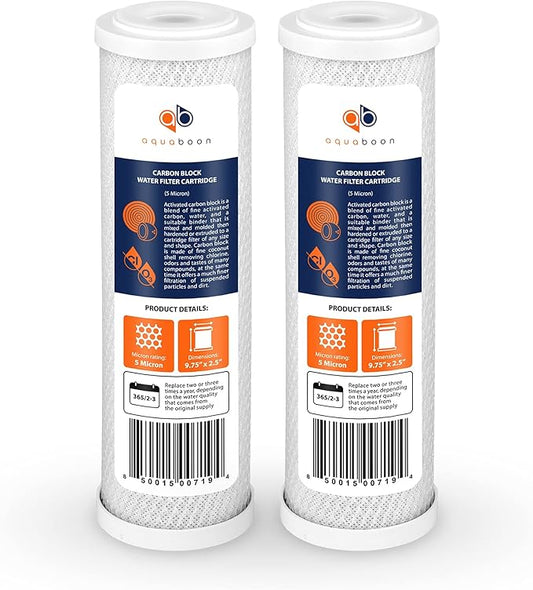 Aquaboon 5 Micron 10 x 2.5 Carbon Block Water Filter Cartridge CTO Whole House Water Filter Replacement Compatible with WHKF-WHWC, FXWTC, 2-PACK