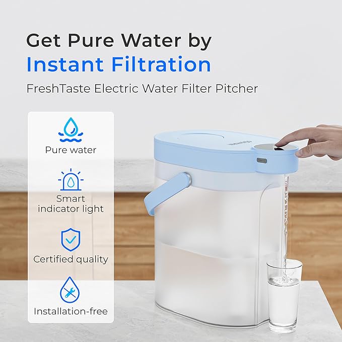 Waterdrop FreshTaste Electric Water Filter Pitcher, Rechargeable Powerful Dispenser, 17-Cup Instant Countertop Purifier, Reduce Chlorine, Lead, Copper, Purify, Soften Water, Blue, Does not Lower TDS
