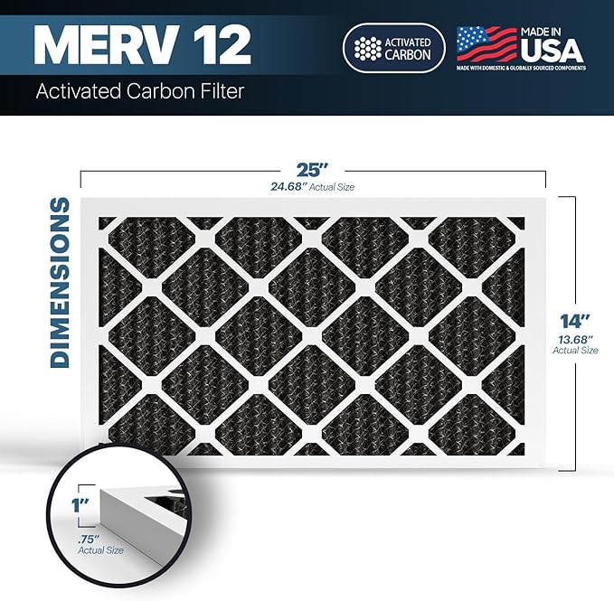 BNX TruFilter 14x25x1 MERV 12 Odor Defense (6-Pack) AC Furnace Air Filter with Activated Carbon - MADE IN USA - Pleated Air Conditioner HVAC AC Furnace Filters - Removes Odor, Mold, Bacteria, Smoke