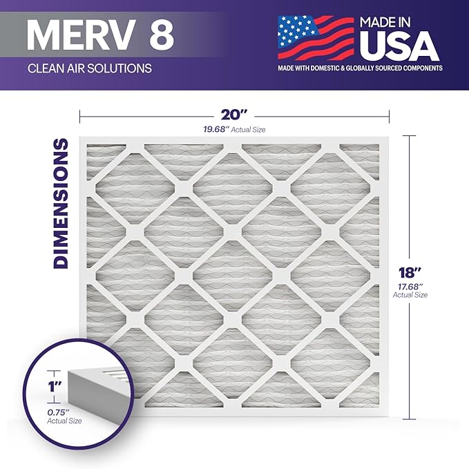 BNX TruFilter 18x20x1 Air Filter MERV 8 (6-Pack) - MADE IN USA – Dust & Pet Defense Electrostatic Pleated Air Conditioner HVAC AC Furnace Filters for Dust, Pet, Mold, Pollen MPR 600 – 700 & FPR 5