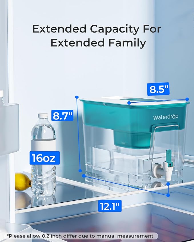 Waterdrop 200-Gallon Long-Life 40-Cup Large Water Filter Dispenser with 1 Filter, Healthy Gift for Home and Office, 5X Times Lifetime, Reduces Chlorine, PFOA/PFOS and More, BPA Free, Turquoise