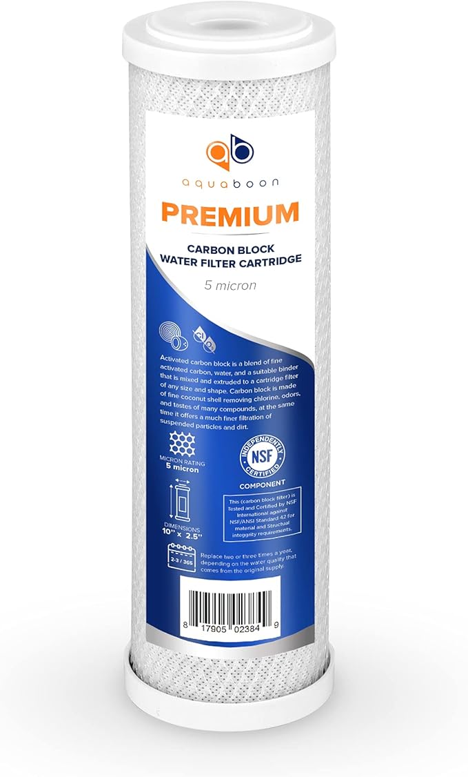 Aquaboon Premium 5 Micron Carbon Block Water Filter 10" x 2.5" – 25-Pack CTO Whole House Filters for Countertop & Under Sink Systems, Compatible with FXWTC